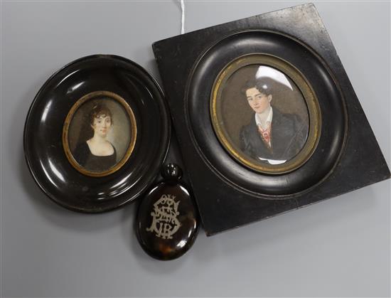 German School, 19th century, two oval portrait miniatures on ivory, the gentleman inscribed verso  1831 Mainz Otto J. ..Corvin, and a